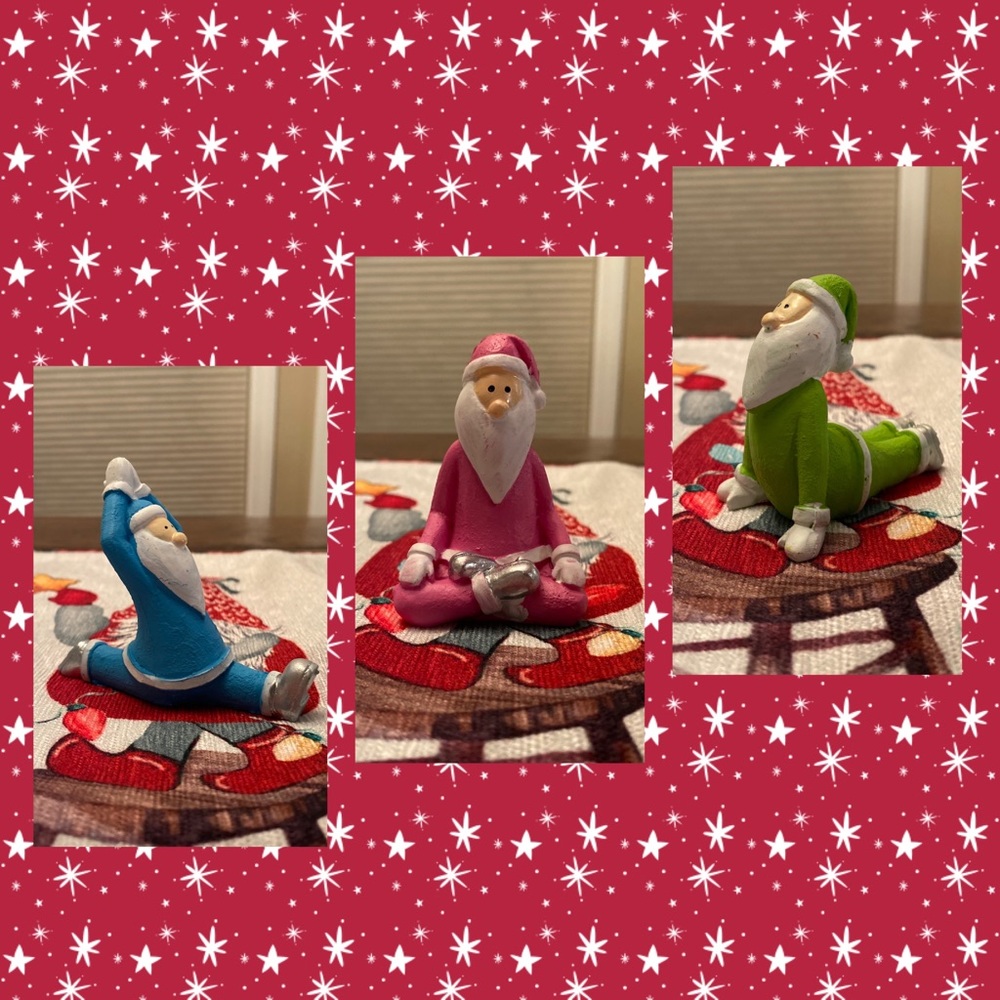 Yoga Posing Santas Mini Christmas Figures, Cobra Pose, Easy Pose & Monkey Pose